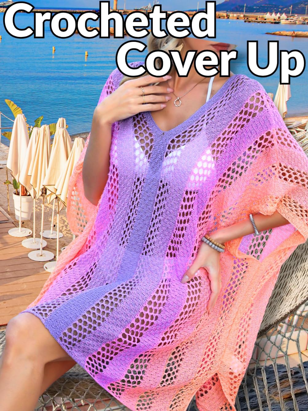 Kaei&Shi Plus Size Bathing Suit Cover Up,Knit Swimsuit Coverup for Women,Ombre Pool Beach Vacation Dress US 2-20