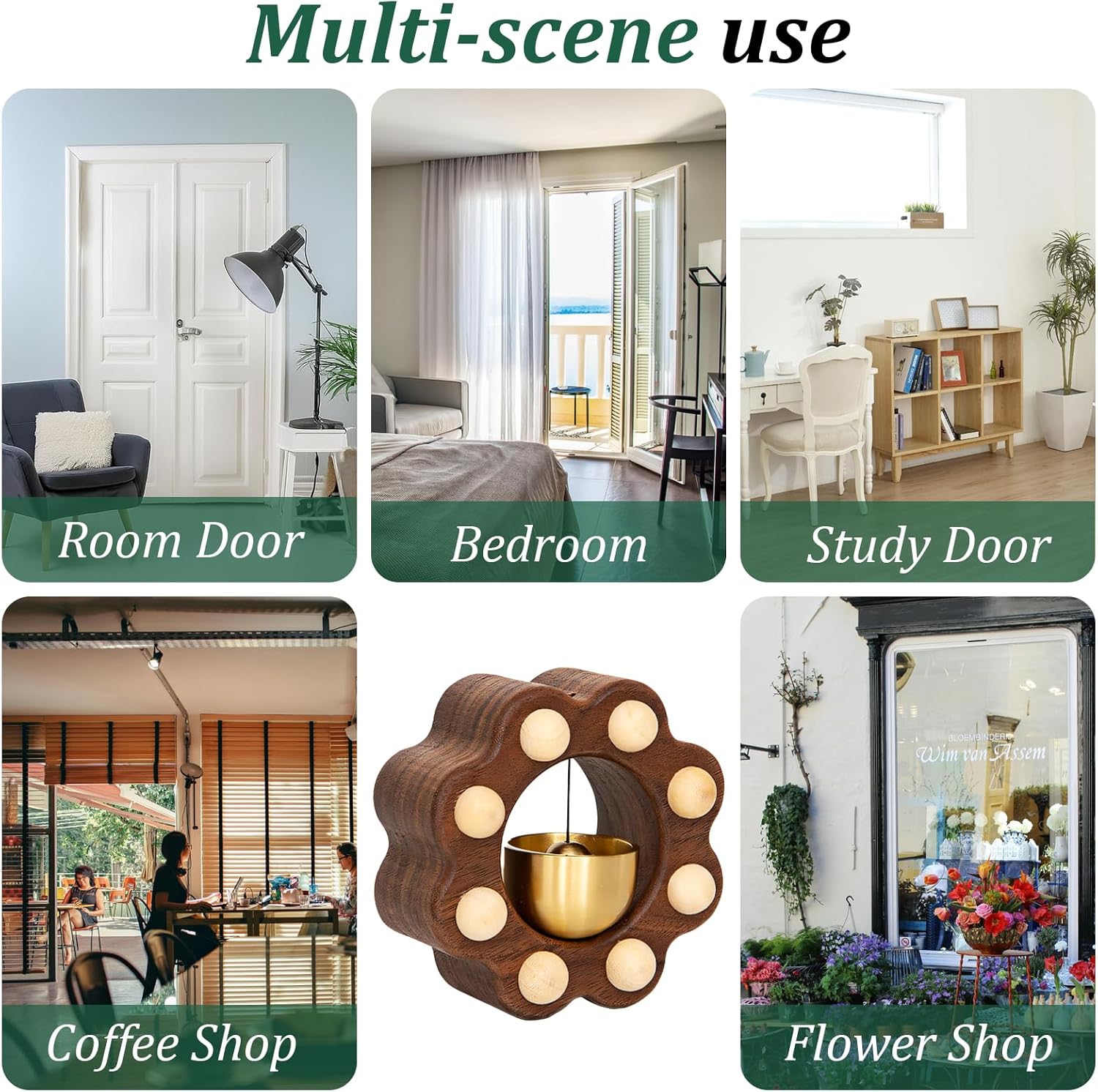 Shopkeepers Bell for Door Opening, Magnetic Attached Wood Doorbell Chime for Business, Lightweight Unique Bell for Door Wall Store Wardrobe Decor, Ebony Wood, Style 2