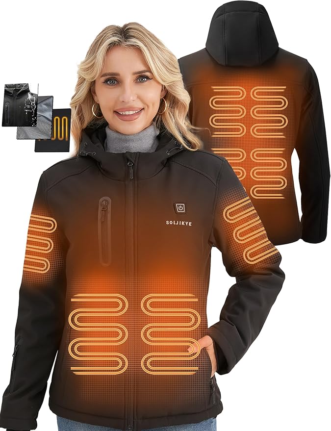 SOLJIKYE Heated Jacket for Women with 12V 20000 mAh Battery Pack, Women&#39;s Winter Jackets Soft Shell Electric Heated Coat