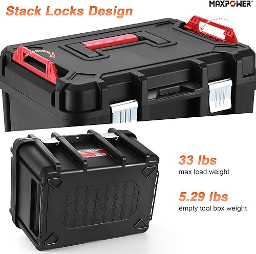 Miniatura 6 de MAXPOWER Caja de herramientas de plástico de 16 pulgadas, caja de herramientas negra profunda con pestillos de metal y bandeja extraíble, paquete de