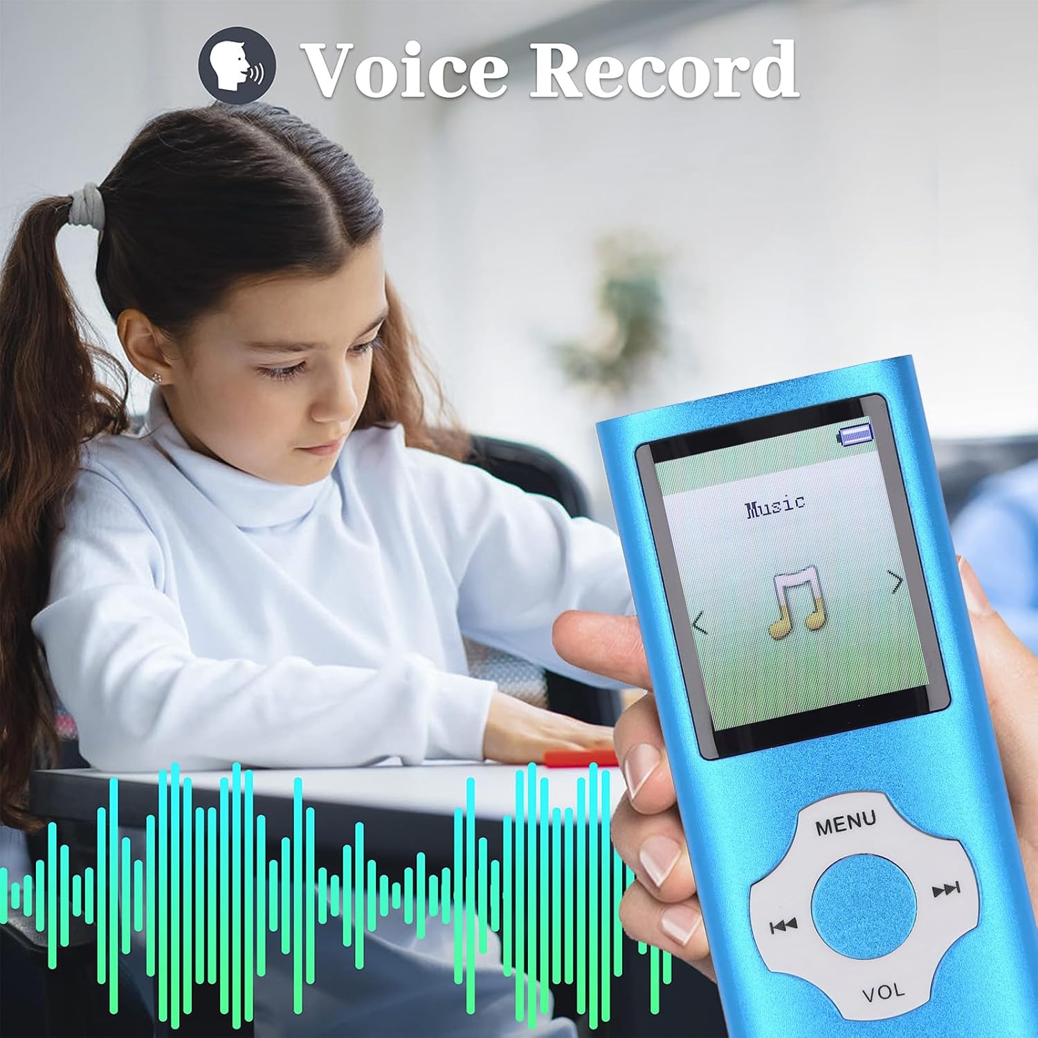 A child holding the Denash MP3 Player, which displays a voice recording interface with sound waves.