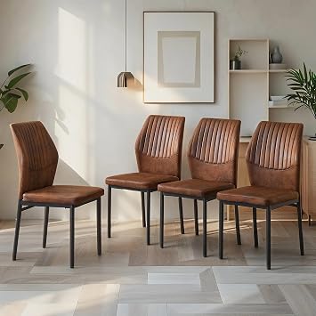 Modern Dining Chairs Set of 4, Brown Fabric Suede Kitchen Chair with Shell Design, High Back Upholstered Dining Chairs Set of 4, Suitable for Various Tables in Restaurant, Kitchen, Dining Room