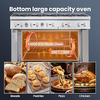 Commercial 60 Gas Range with Oven, 10 Open Burners and Under Full Size Oven 300000 BTU & 33000 Static Oven,NG/LPG Conversion kit, Manual Gas Valve,Freestanding Gas Range for Restaurants