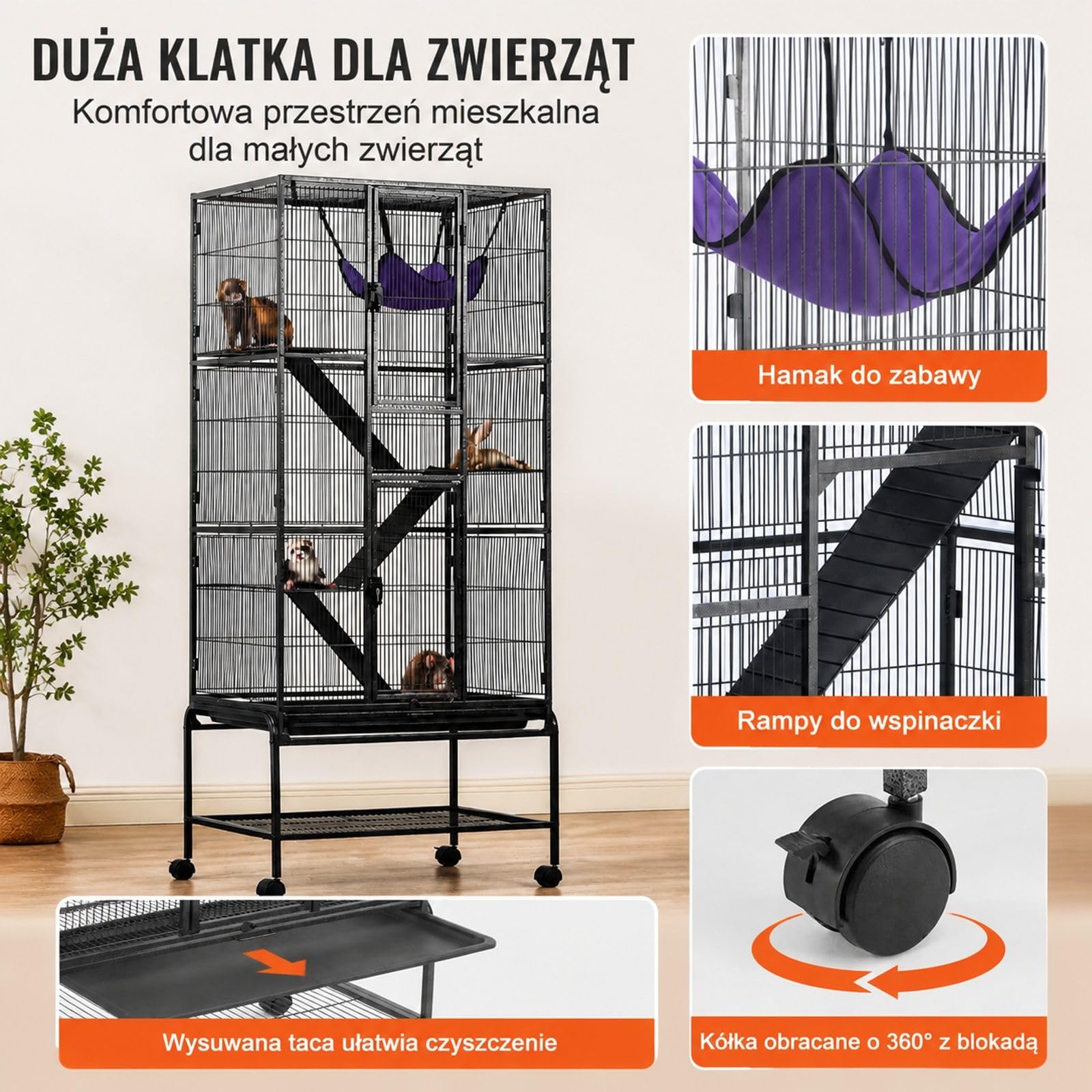 Czarna metalowa klatka dla fretek i małych zwierząt, 4 poziomy, kółka, rampy, taca, żelazo, plastik i aksamit
