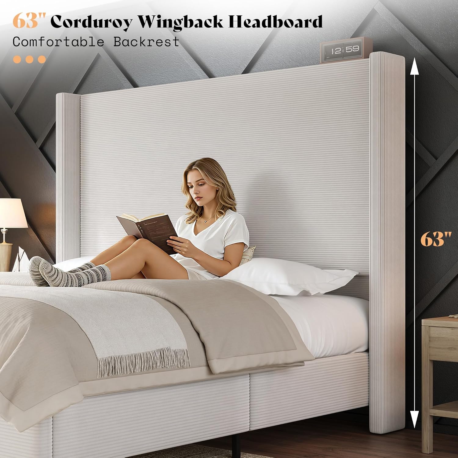 AMERLIFE Queen Bed Frame with 63" Tall Headboard, Upholstered Corduroy Bed Frame with Wingback, Platform Bed with Solid Wood Gourd Legs, Solid Slats, No Box Spring Needed, White