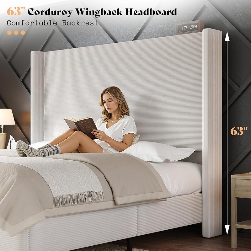 AMERLIFE Queen Upholstered Bed Frame with 63" Headboard & Wingback, Cream image 4
