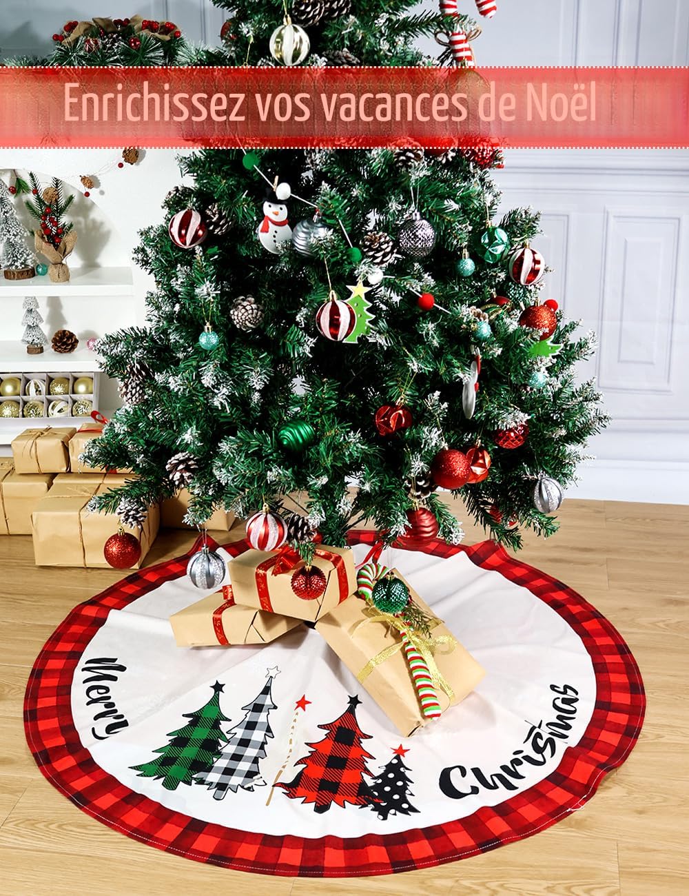 Jupe de Sapin de Noël en Lin 48 Pouces Big Red Black Plaid Base Floor