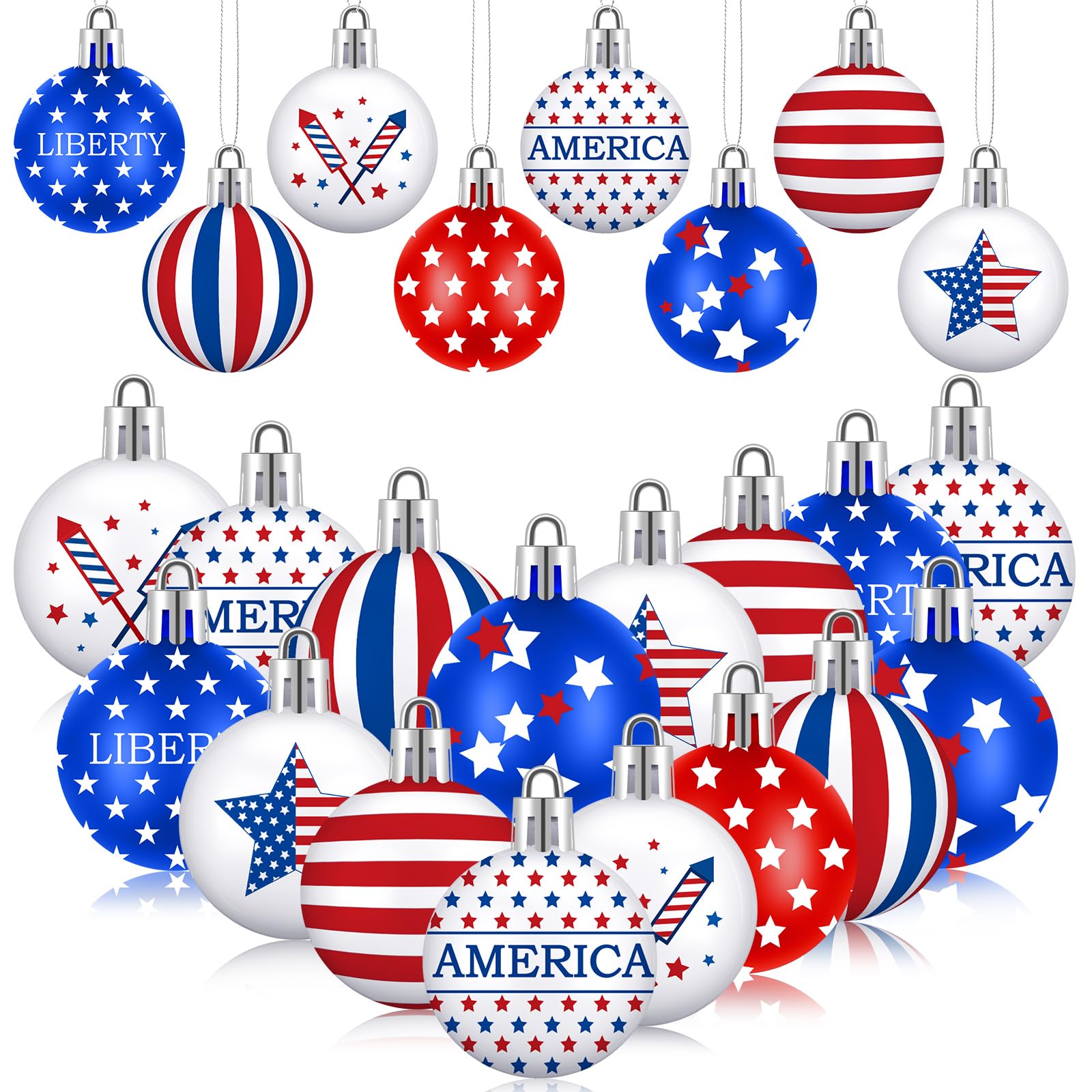 Realspring 40 Pcs 4th of July Ornaments for Tree 1.57'' Independence Day Ball Ornaments Patriotic 4th of July Tree Decoration Red White Blue Decorative Hanging Ornaments for Party (Classic Style)