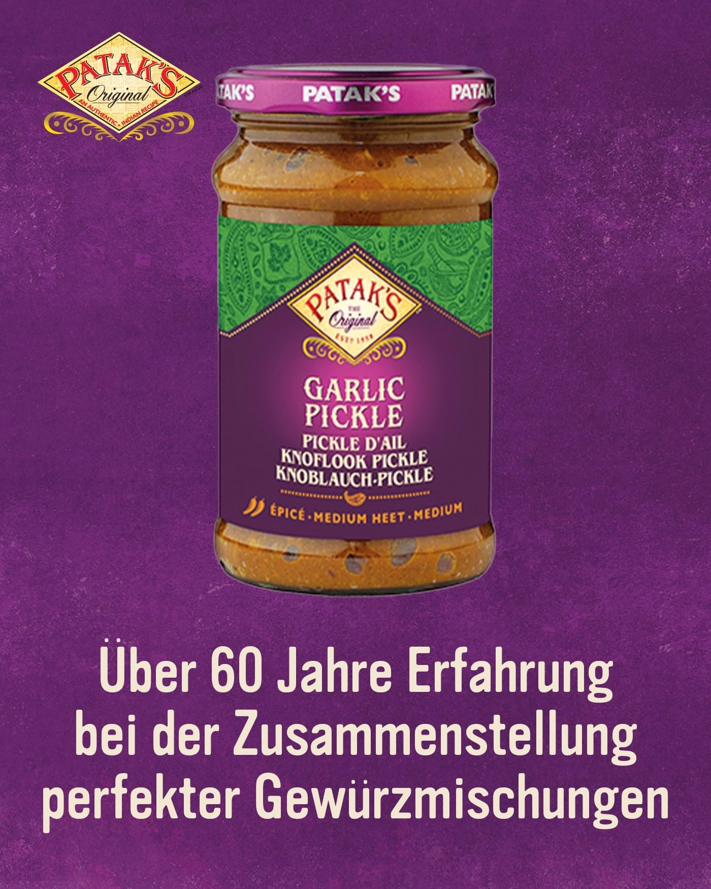 PATAKs Medium Hot Garlic Pickle, Leicht scharf eingelegte Knoblauchzehen, Ideal als Begleitung zu Curry, Fleisch, Käse, Poppadums & Vorspeisen, 6 x 283 g