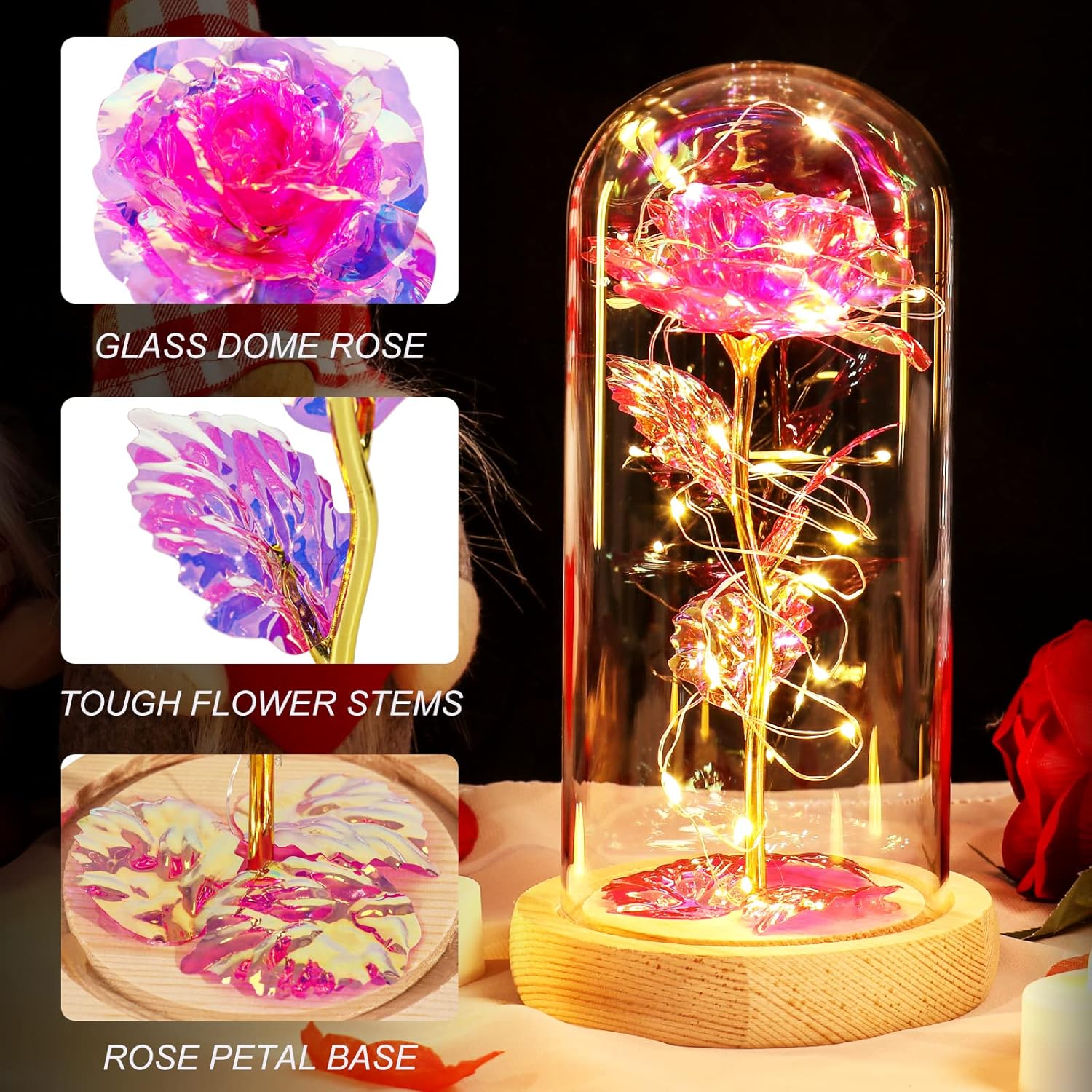 Beferr Valentines Day Rose Gifts for Her, Galaxy Glass Rose Forever Preserved Flowers for Delivery Prime in Glass Dome, Birthday Valentine's Day Gifts for Women Mom Girlfriend Wife Daughter, Pink - Image 2