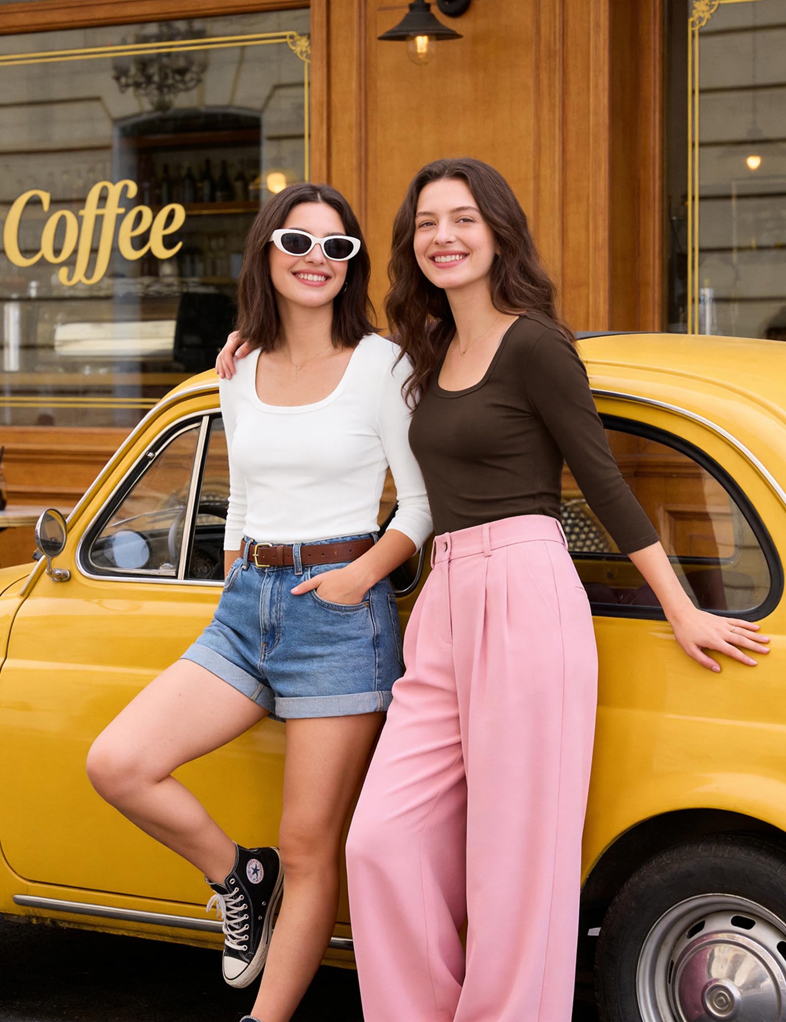 Aottori T Shirt Femme Col Carré Manche 3/4 Côtelé Ajusté Uni Chic | Souple extensible, Printemps été, Décontracté quotidien, Silhouette féminine, Bureau et sortie