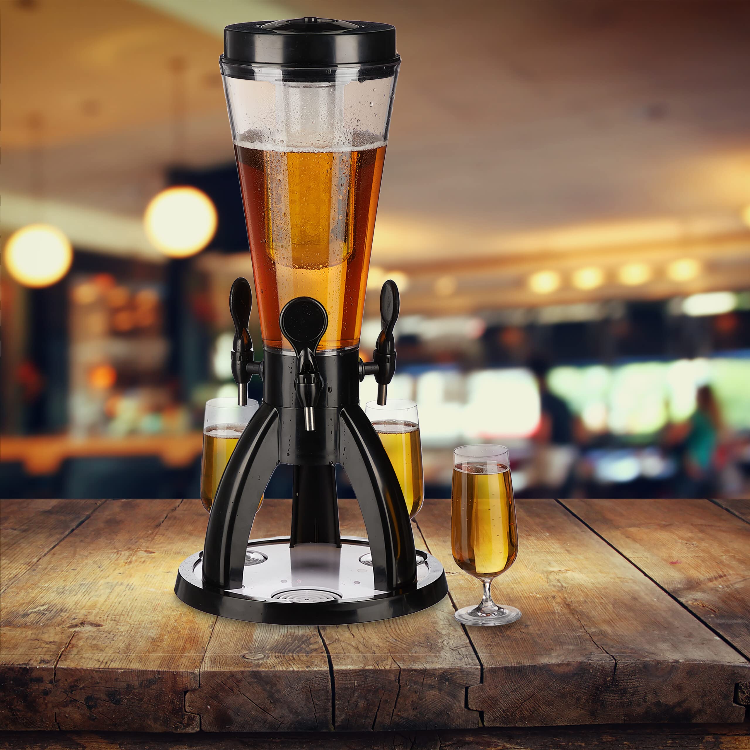 Relaxdays Torre de Cerveza con 3 Grifos, 4 L, Dispensador de Bebidas con Enfriador, Beer Tower, Transparente y Negro
