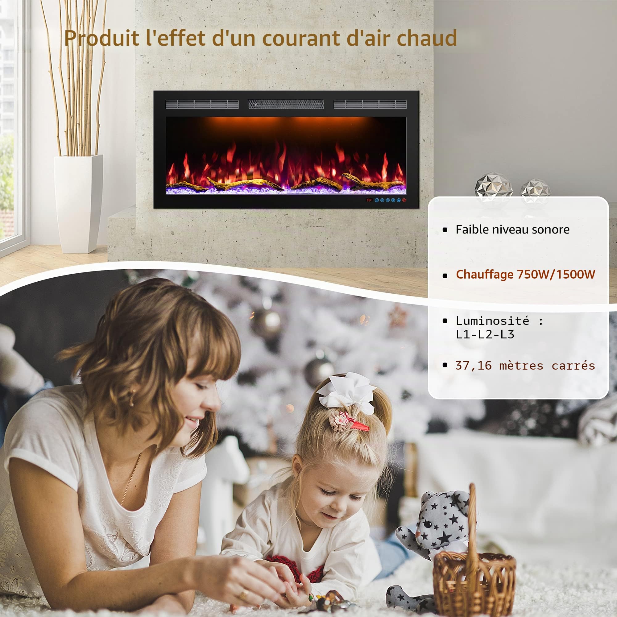 Crystal 72 Pro avec Wi-Fi - Cheminée Électrique Murale, 182,9 cm, 3 Couleurs de Bûches et Flammes, Contrôle Smart Home via Application Mobile et Alexa
