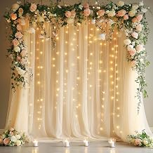 Fomcet Tulle Backdrop Curtains with Lights String 10FT X 8FT Champagne Sheer Curtain with Lights Tulle Curtains Backdrop for Wedding Birthday Party Photo Shoot 2 Panels 5x8FT