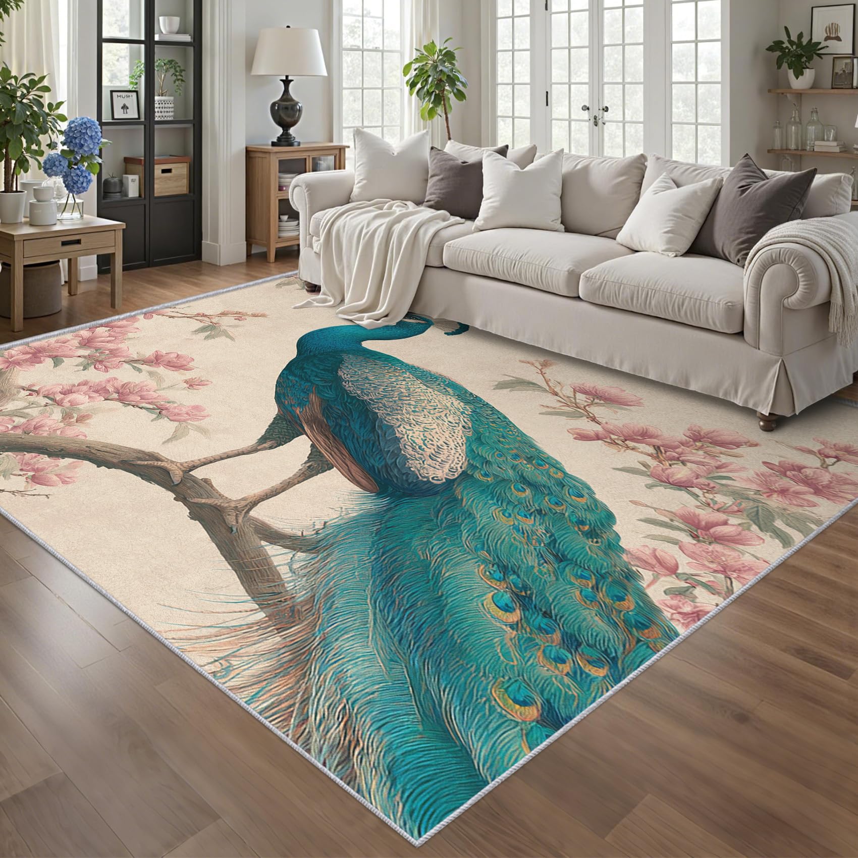 Tapis salon paon antidérapant et moquette douce fleurs de cerisier