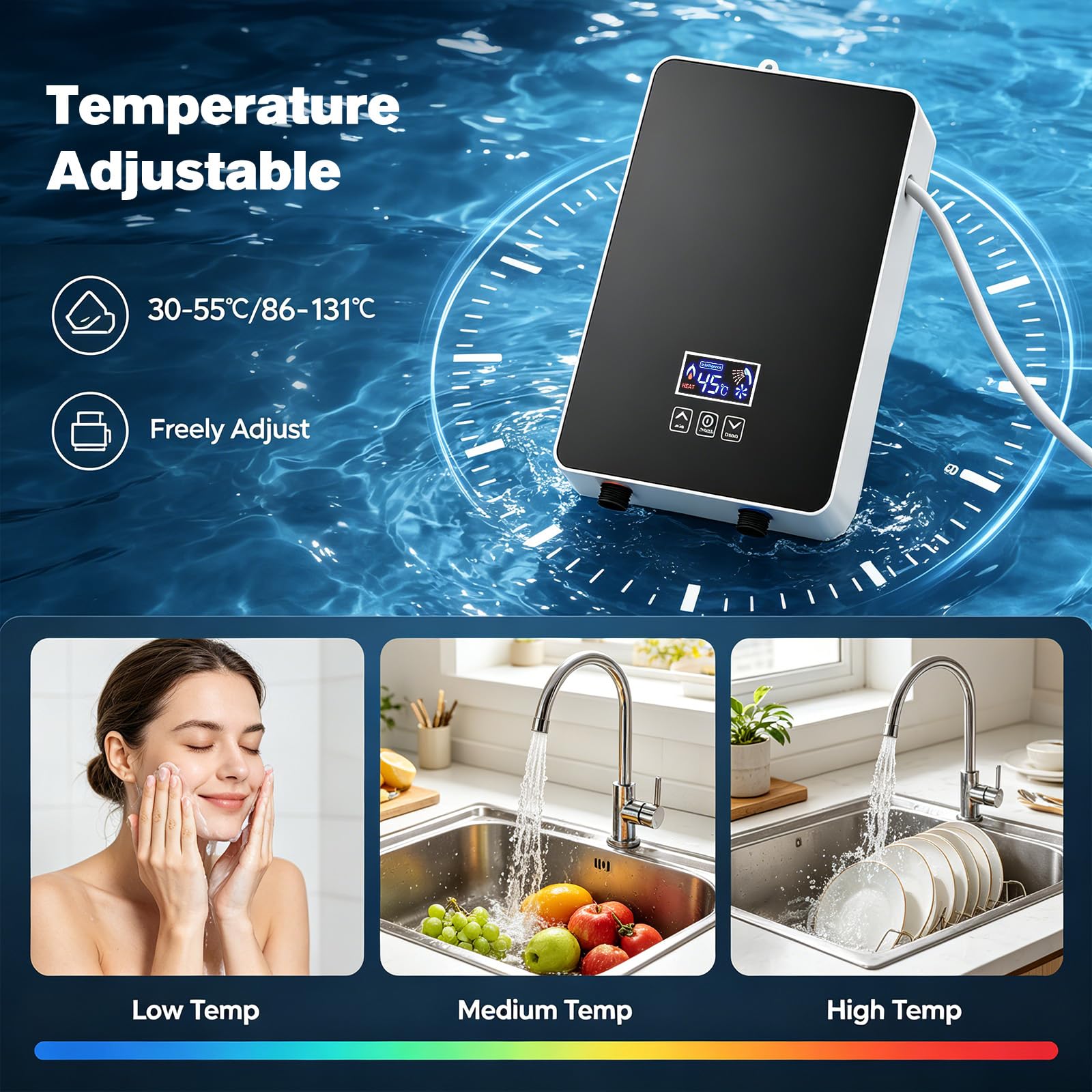 6000 W Calentador de agua instantáneo 230 V, agua eléctrico instantáneo con pantalla LED de temperatura, control de temperatura de 30-55 °C, resistente al agua IPX4 para ducha, cocina y baño