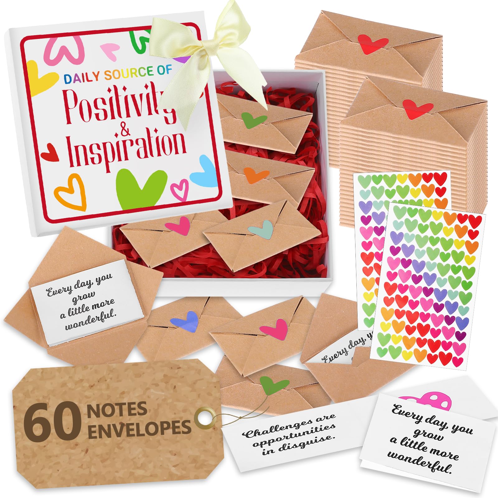 125 Pcs Positive Affirmation Cards for Women Mini Encouragement Cards Appreciation Envelopes Heart Stickers Yellow Bow Thank You Box Gifts For Mother's Day Employee Coworkers
