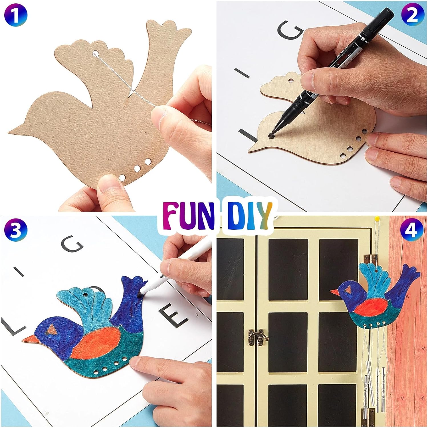 Taiyin 50 Pieces Bird Wooden Wind Chime Craft Kit for Kids DIY Make Your Own Wind Chimes Decorative Wooden Hanging for Classroom Outdoor Garden Patio Balcony Arts Crafts Supplies