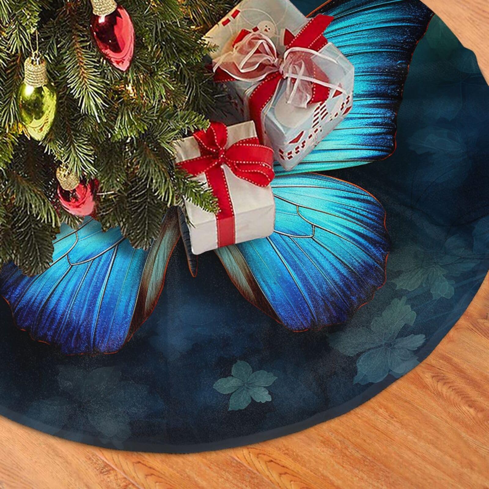 Fodpand Black Blue Butterfly Pattern Christmas Tree Skirt 48" Velvet Xmas Tree Skirt Mat Rustic Christmas Tree Mat Cover Winter Xmas Tree Collar For Indoor Outdoor Christmas Decorations