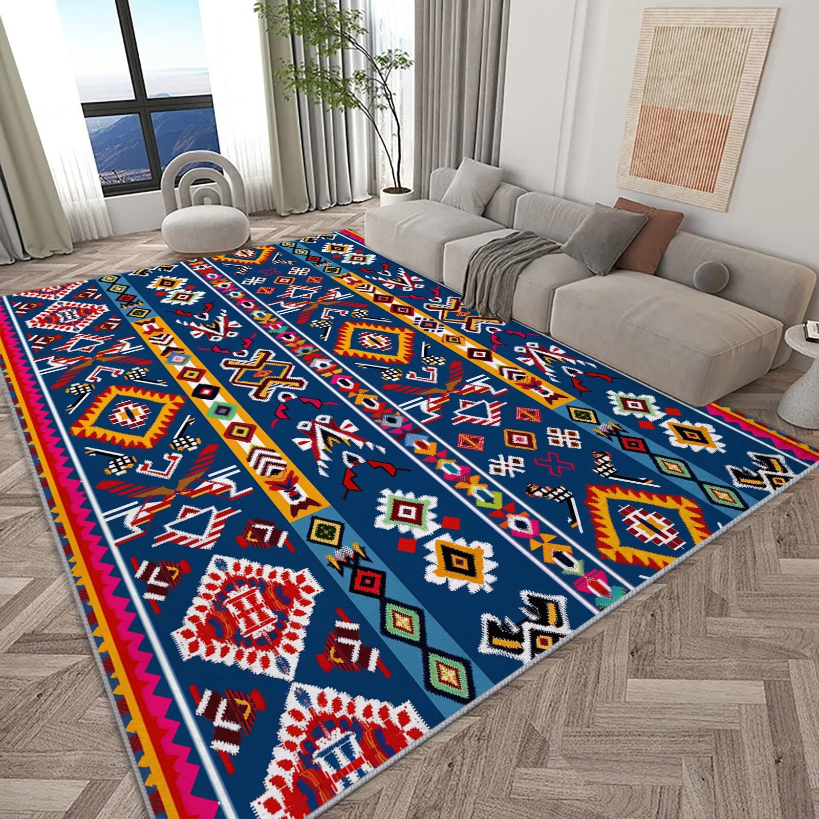 Tapis Salon 160x230cm Floral Géométrique Aztèque Tapis de Chambre Doux Moderne, Tapis Poils Ras Antidérapant, Tapis Rectangulaire, Moquette pour Enfants, Tapis De Couloir