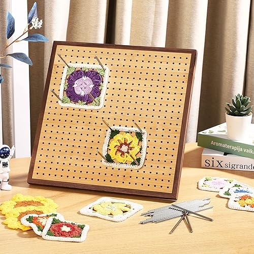 Miniatura 6 de Yrangee Tabla de bloqueo de ganchillo con clavijas, tabla de bloqueo de 13 pulgadas para ganchillo, marco de nogal cuadrado de grannera, alfombrilla