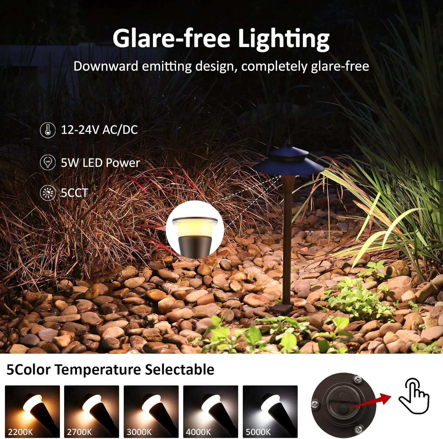 Low Voltage Landscape Lighting, 12V LED Low Voltage Pathway Lights, 5 Colors Selectable, 5W, Modern, Super Bright, IP65 Outdoor for Yard Garden Pathway, CRI90, Bronze, ETL, Pack of 6