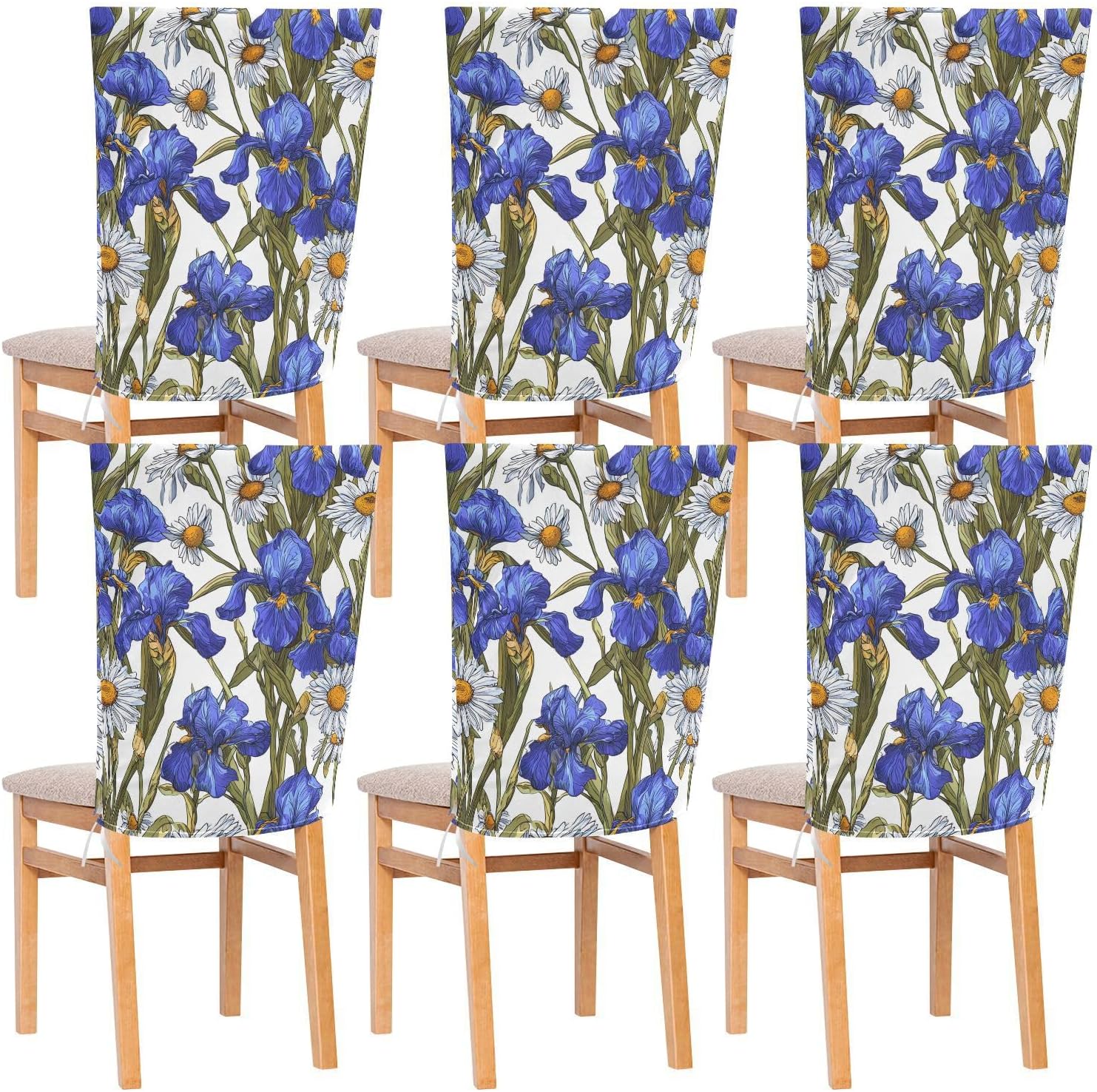 ALAZA Iris Flowers Cute Daisy Floral Chair Back Cover Set of 6, Washable Reusable Removable Chair Slipcovers Decorative Chair Cover for Home Kitchen Wedding Party