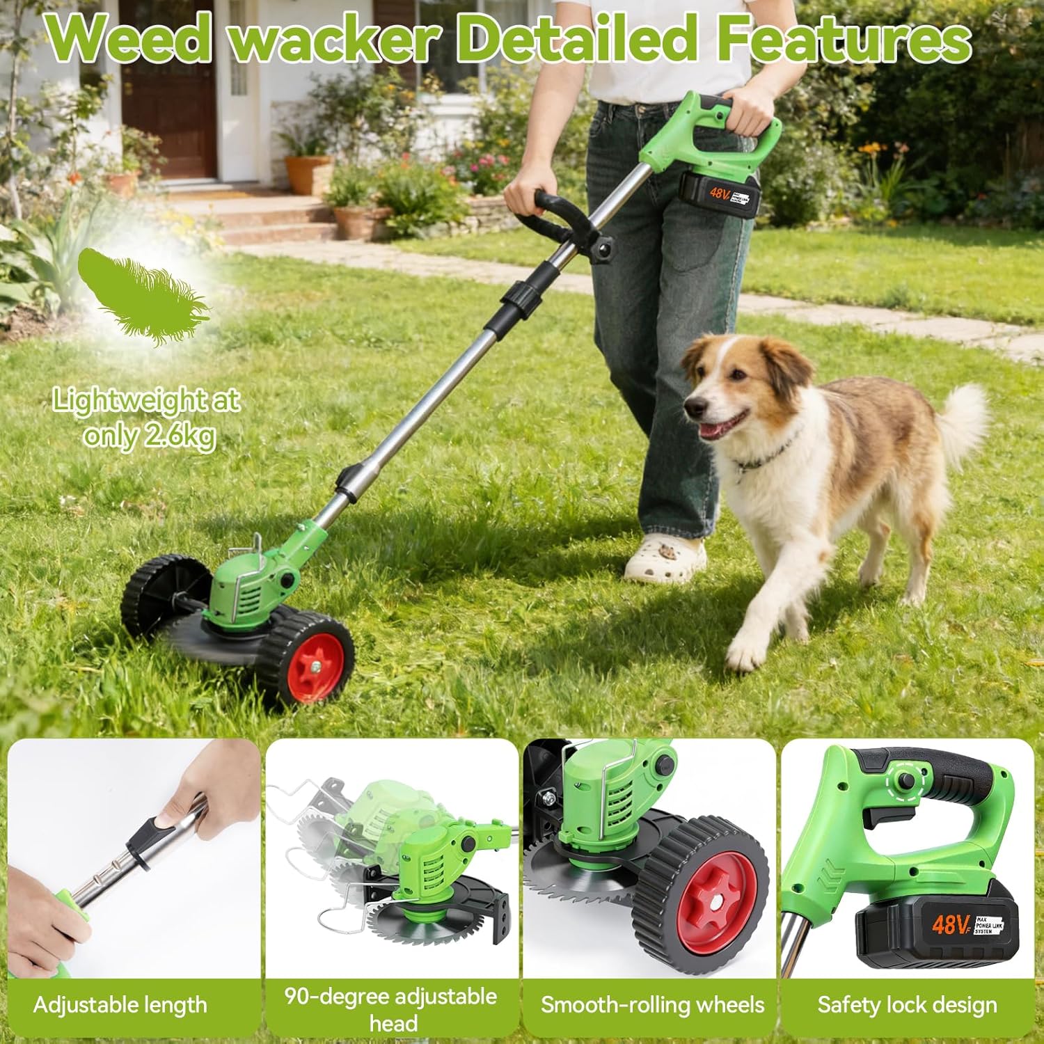 15,000RPM Electric Weed Wacker with Wheel,700W Cordless Weed Eater, 15,000mAh Battery Powered, 4-in-1 String Trimmer,Brush Cutter/Grass Trimmer/Lawn Mower/Lawn Edger with 3 type Blades for Garden Yard