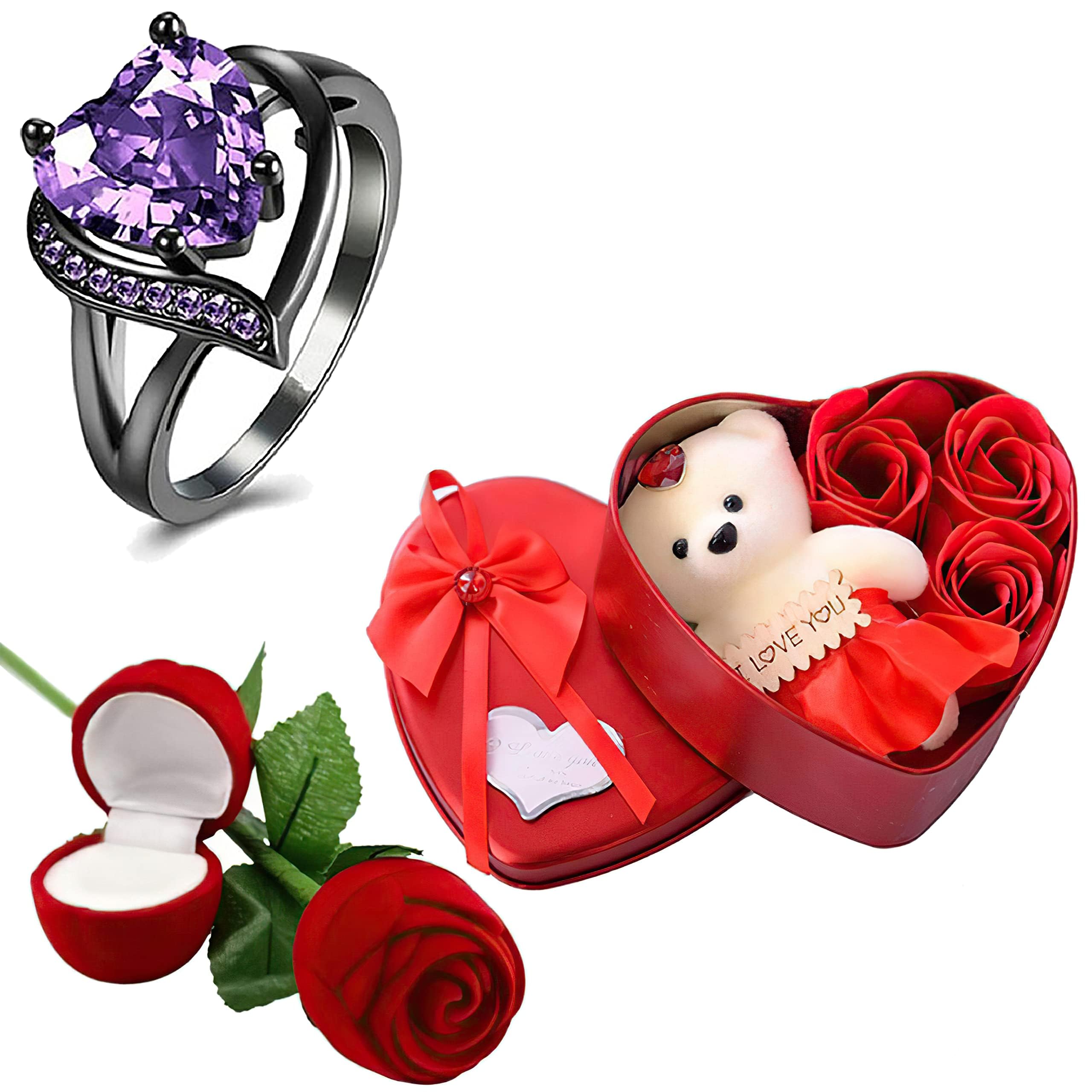 Fashion Frill Valentine Gift For Girlfriend Silver Purple Crystal Red Rose Ring For Women Girls Love Gifts Ring Box & Heartbox with Teddy Gift For Wife Girlfriend (B0BSC3FPD4) Amazon Price History, Amazon Price Tracker