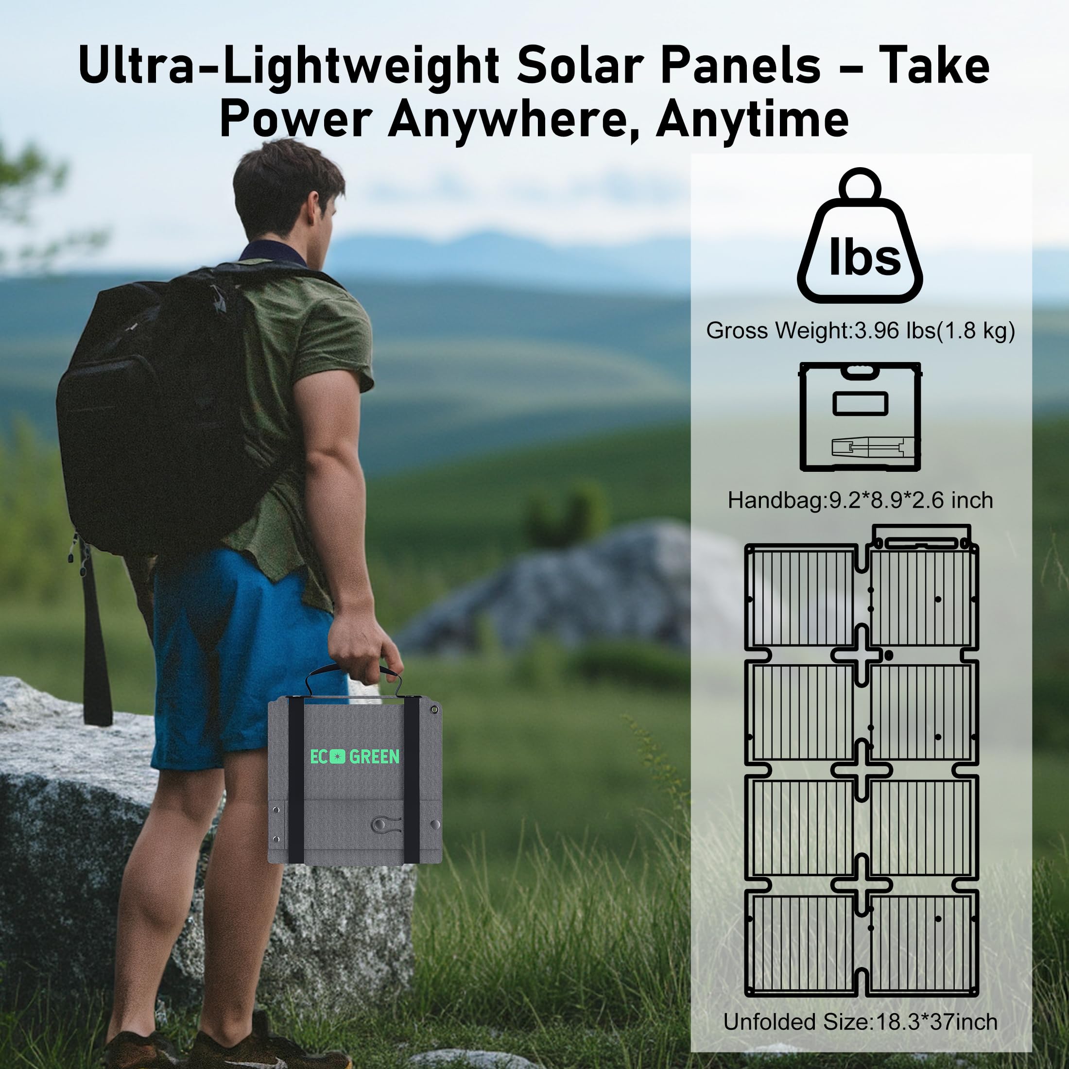 Pannello solare portatile da 60 W, monocristallino 24,8%, pannello solare pieghevole ad alta efficienza, porta USB C, impermeabile IP65 con cavalletto, pannello solare per campeggio, camper, viaggi