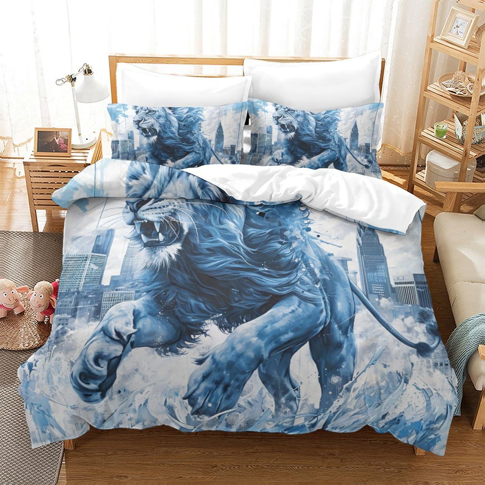 Housse de couette 260x220 lion 3D parure de lit Super King Size microfibre