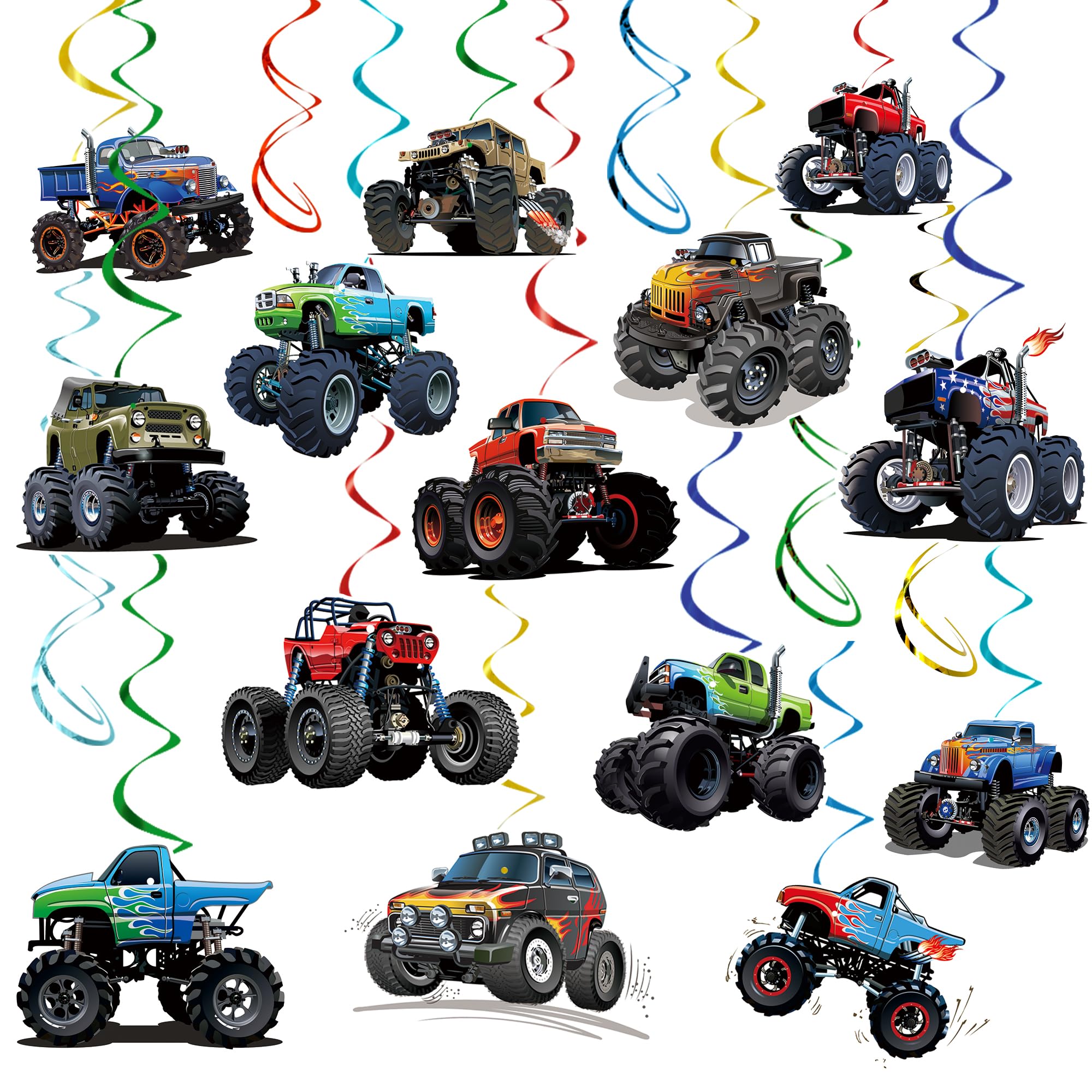30pcs Monster Truck Hanging Swirls Party Decorations - Pre-Assembled Off-Road Vehicles Birthday Theme Ceiling & Wall Decor for Boys’ Monster Truck
