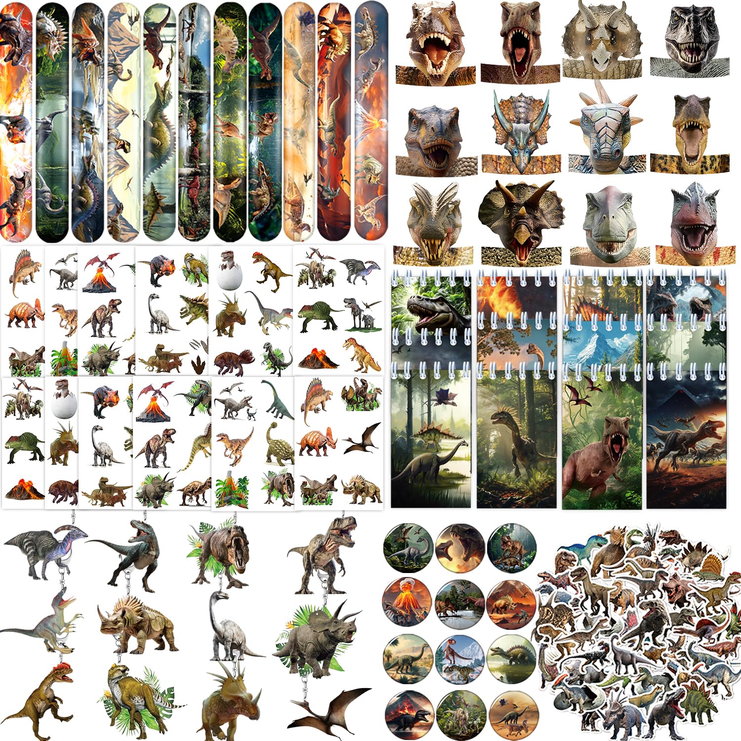 122 PCS Realistic Dinosaur Party Favors, Forest Dinosaur Dino Birthday Decorations with Prehistoric Dinosaur Notebook, Slap Bracelets, Stickers,