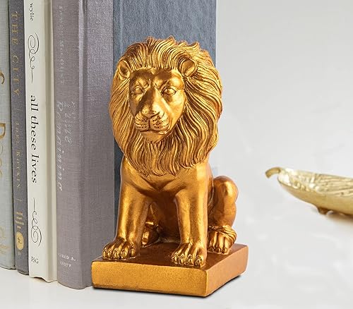 Miniatura 5 de Extremos de libro de león para el hogar, 2 sujetalibros dorados, decoración para libros, sujetalibros resistentes para estantes, estantes antiq