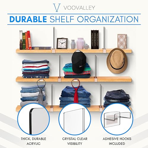 Miniatura 3 de 4 separadores de estantes de acrílico transparente para armarios, estantes verticales, organizador de estante de armario resistente con 4 ganchos y