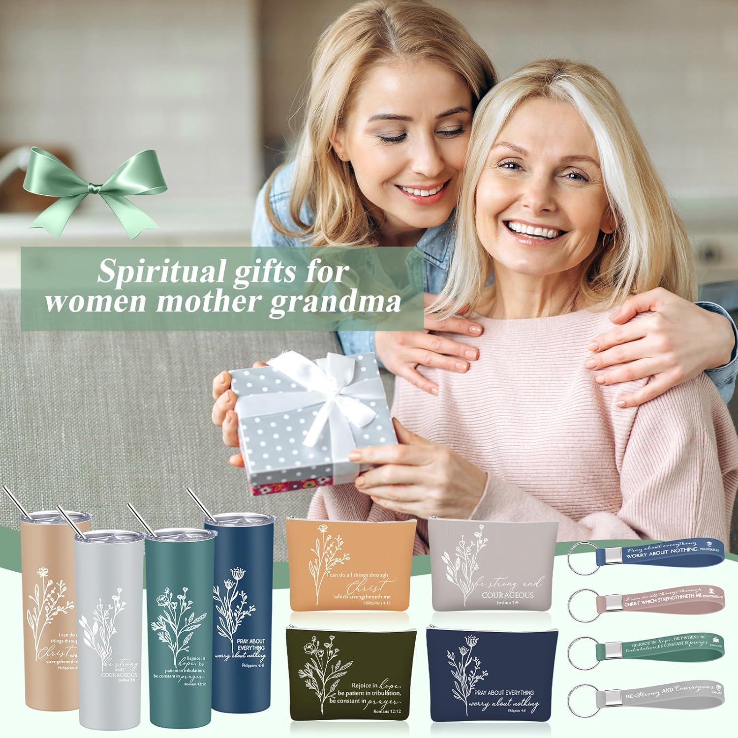 Fumete 4 Sets Mother's Day Christian Gifts for Women 20oz Bible Verse Tumbler Religious Makeup Cosmetic Bags Christian Silicone Keychains Inspirational Gifts for Church Members Church Holy Week