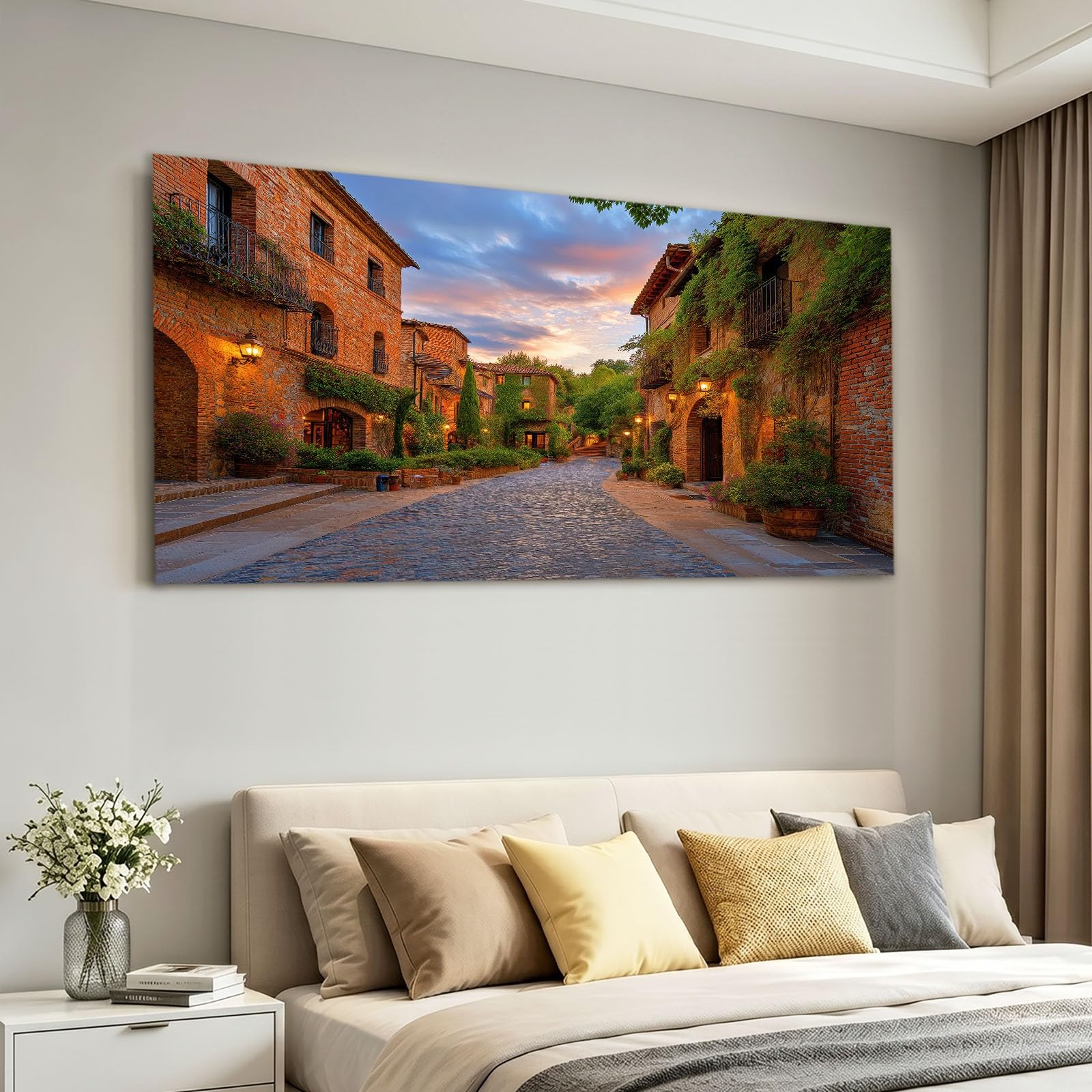 Générique Stampa su tela con cornice in stile country – Quadro dipinto 100 x 70 cm marrone città vicolo casa – Quadro poster decorazione da parete per soggiorno, camera da letto, bagno e ufficio