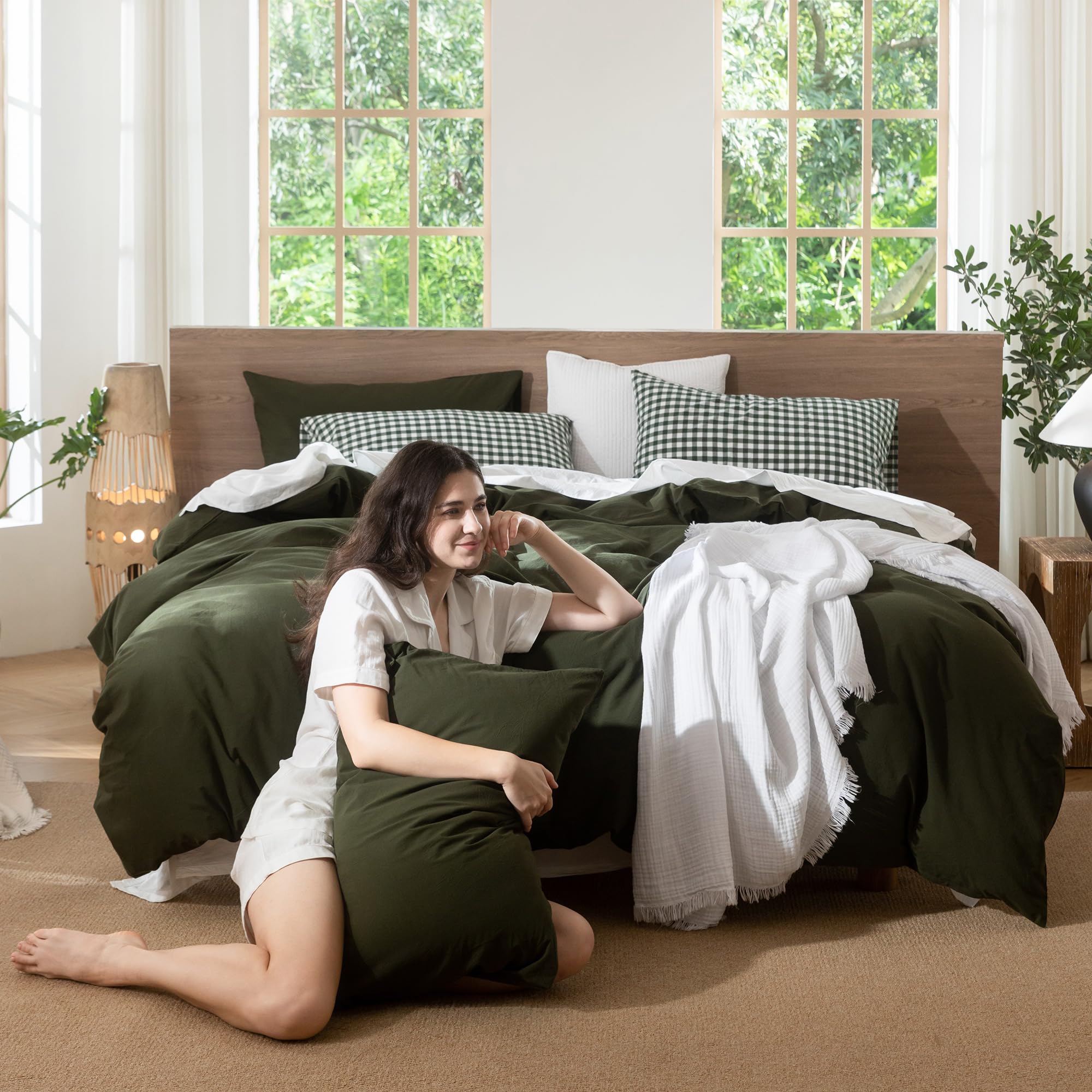 MooMee Bedding Duvet Cover Set 100% Washed Cotton Linen Like Textured Breathable Durable Soft Comfy (Tannish Linen Grey, King) — view 15
