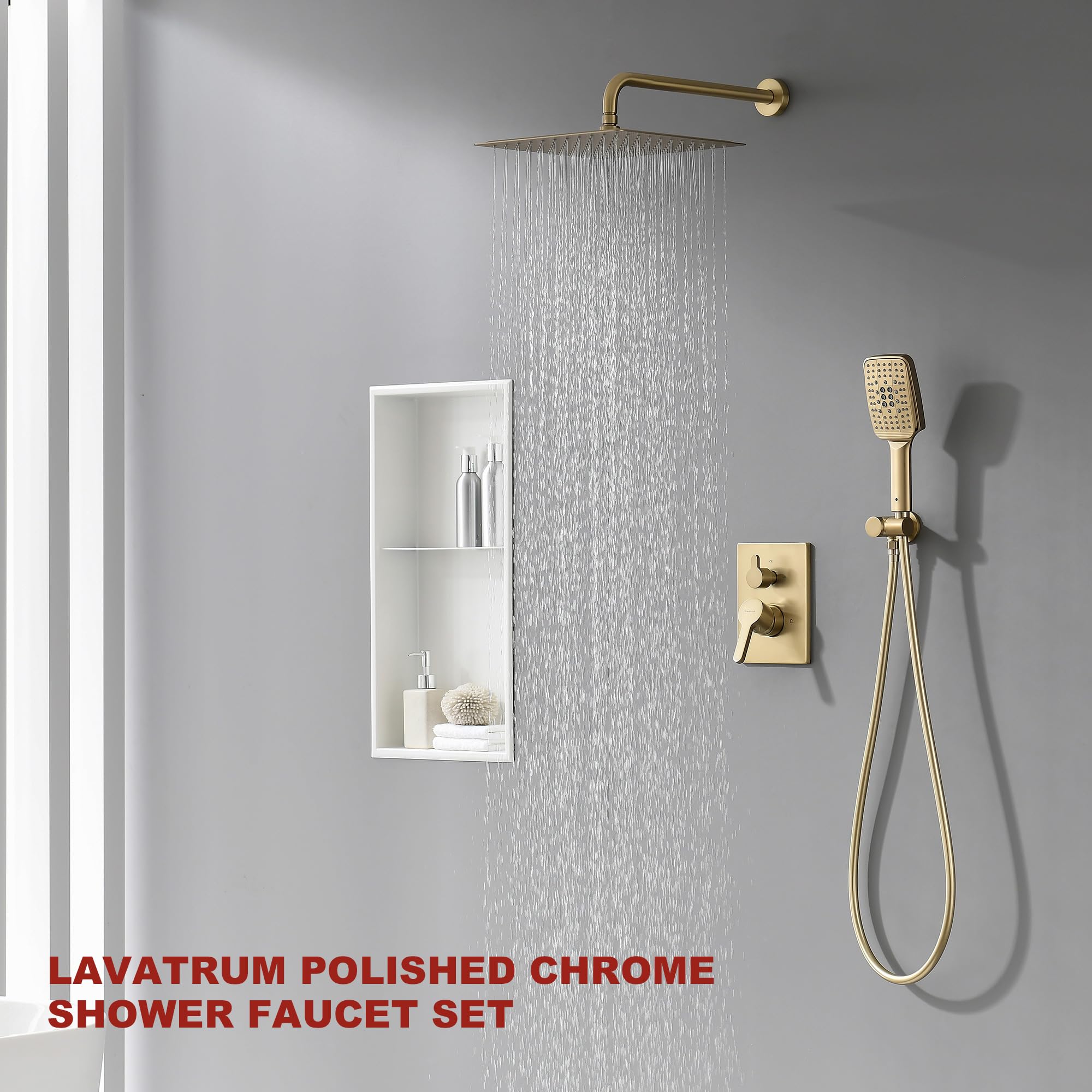 Lavatrum Shower Faucet Set - 12 inches Rain Shower System with 6 Function Handheld Shower Head Rough in Pressure Balance Valva Kit - Stainless Steel Bathroom Shower Kit Complete Brushed Gold