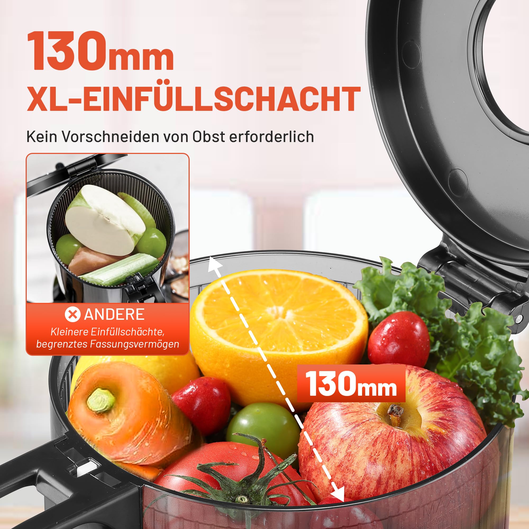 VELOJA Slow Juicer Pro - Kaltpresse Entsafter für ganze Früchte & Gemüse mit 130 mm XL-Einfüllschacht – Ultraleiser Motor – Leicht zu reinigen – Inkl. Rezeptbuch für Säfte & Tresterrezepte