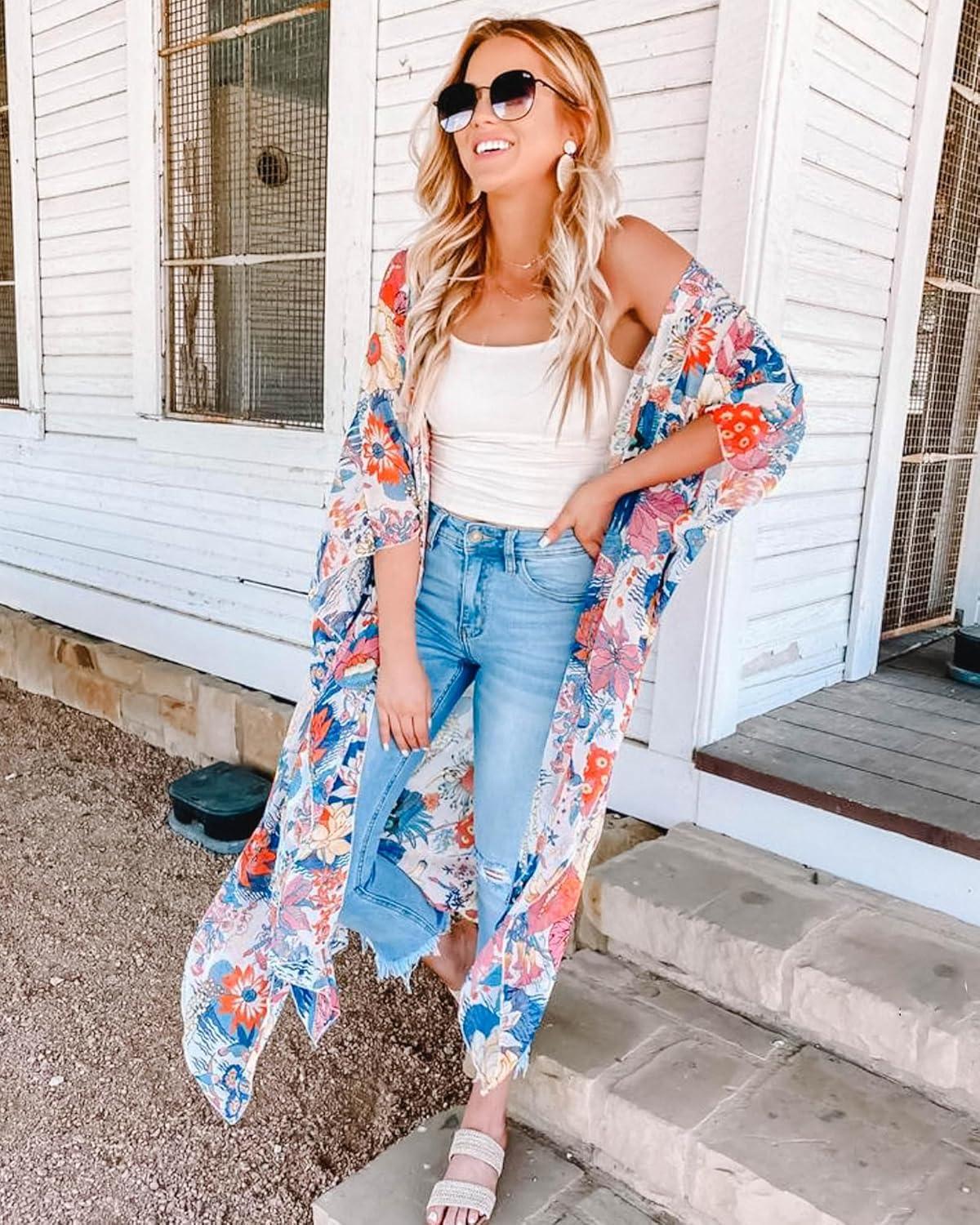 Hibluco Women's Long Floral Kimono Printed Cardigan Sheer Swimsuit Cover Ups-Large-N3 - Image 2