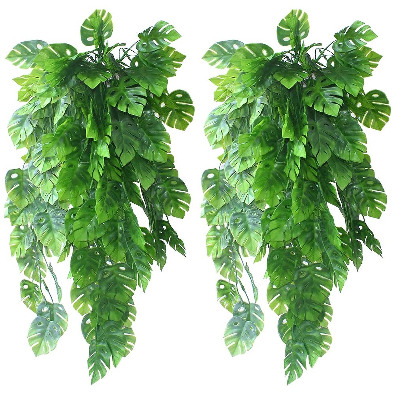 Uberming Green 2 Pcs Artificial Monstera Leaves Artificial Ivy Leaf Garland Plants Vine Hanging Faux Tropical Monstera Palm Leaves Fake Ivy Plants For Indoor Outdoor Home Garden Wall Décor Hanging Vines