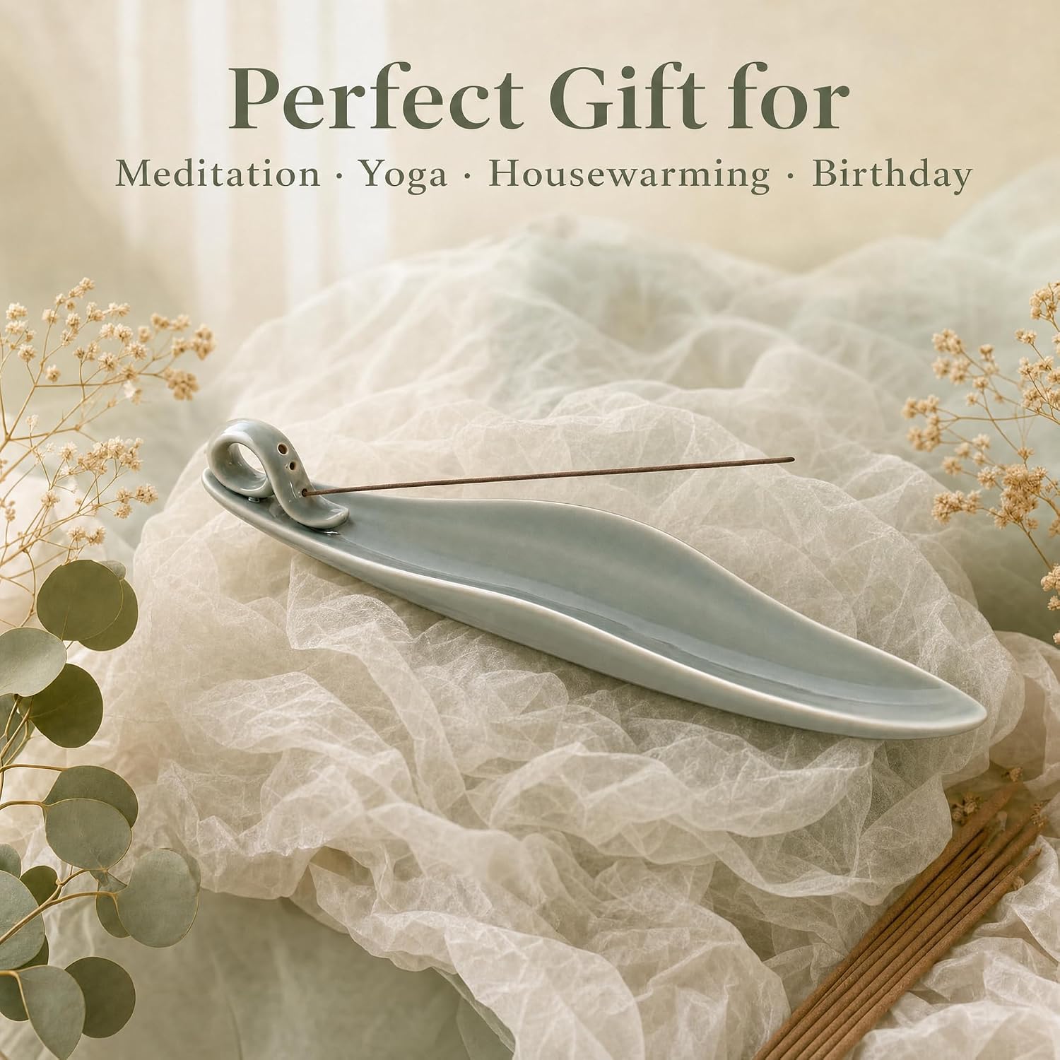 Celadon Leaf Incense Holder - Zero-Mess Ash Catcher, Precision 3-Hole, Premium Porcelain Incense Stick Holder for Meditation, Yoga & Home Decor