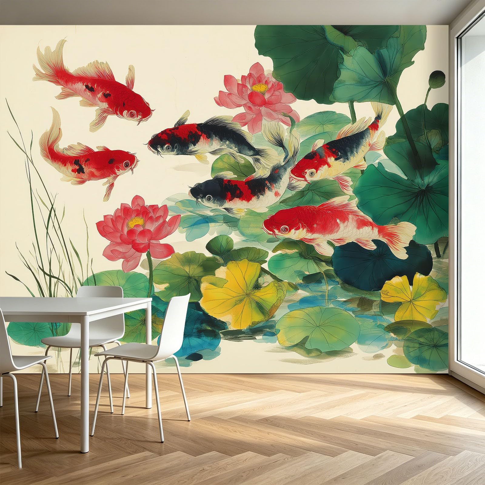 Fototapeta, ryba koi, lotos, lilie wodne, 450 x 315 cm, malowidło ścienne, malowanie farbą, włóknina, plakat, fototapeta, salon, dekoracja ścienna