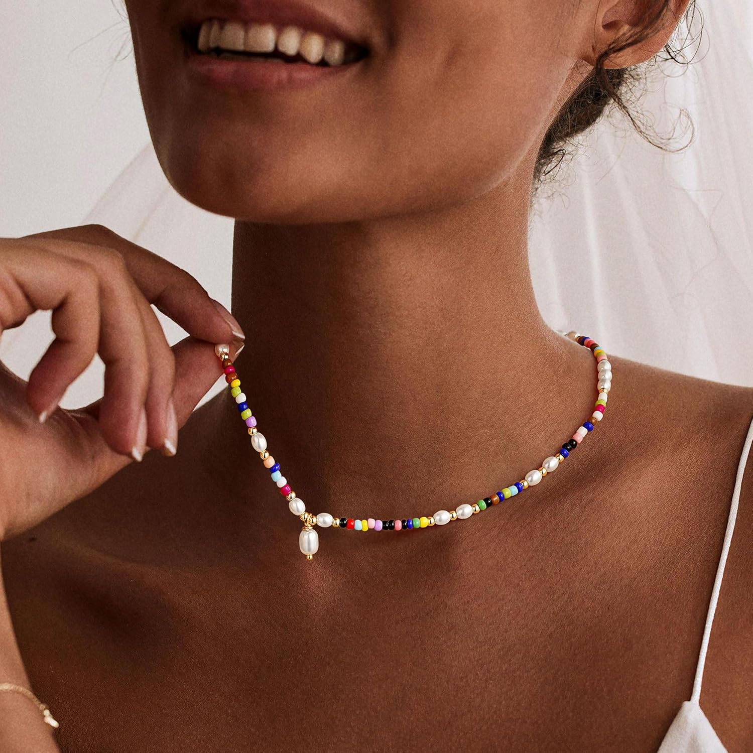 Turandoss Colorful Beaded Necklaces for Women Girls - Dainty 14K Gold Plated Beaded Choker Necklaces Colorful Gemstone Necklace Boho Heart Pearl Cherry Pendant Necklace for Women Girls Christmas Gifts - Image 3