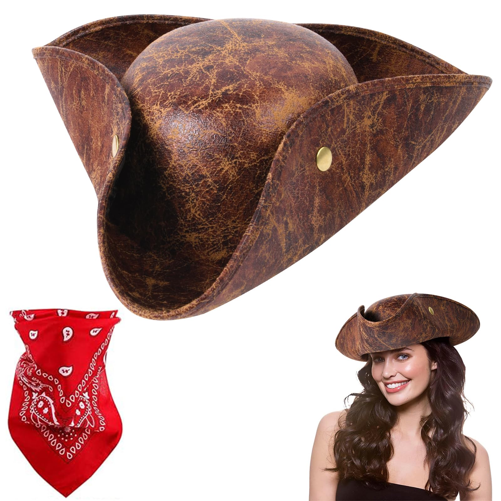 Aomig Pirate Hat for Adult Brown Distressed Leather Colonial Style Tricorn Hat Pirate Cap