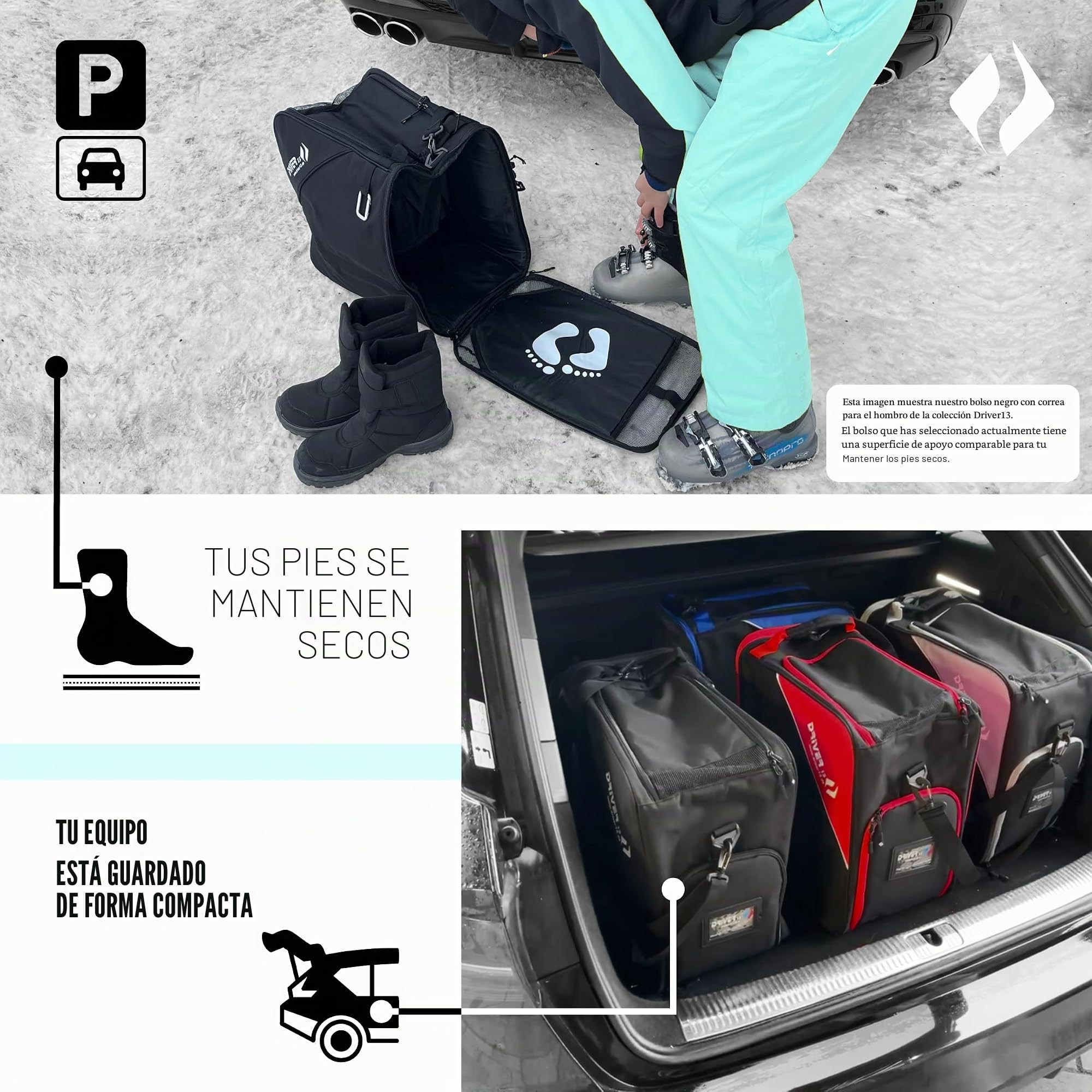 Driver13 Mochila para Botas de esquí con Compartimento para Casco Ideal para Tus Botas de esquí con Compartimento para Casco para Botas duras + de Snowboard + esquís en línea + Bolsa para Botas Bolsa