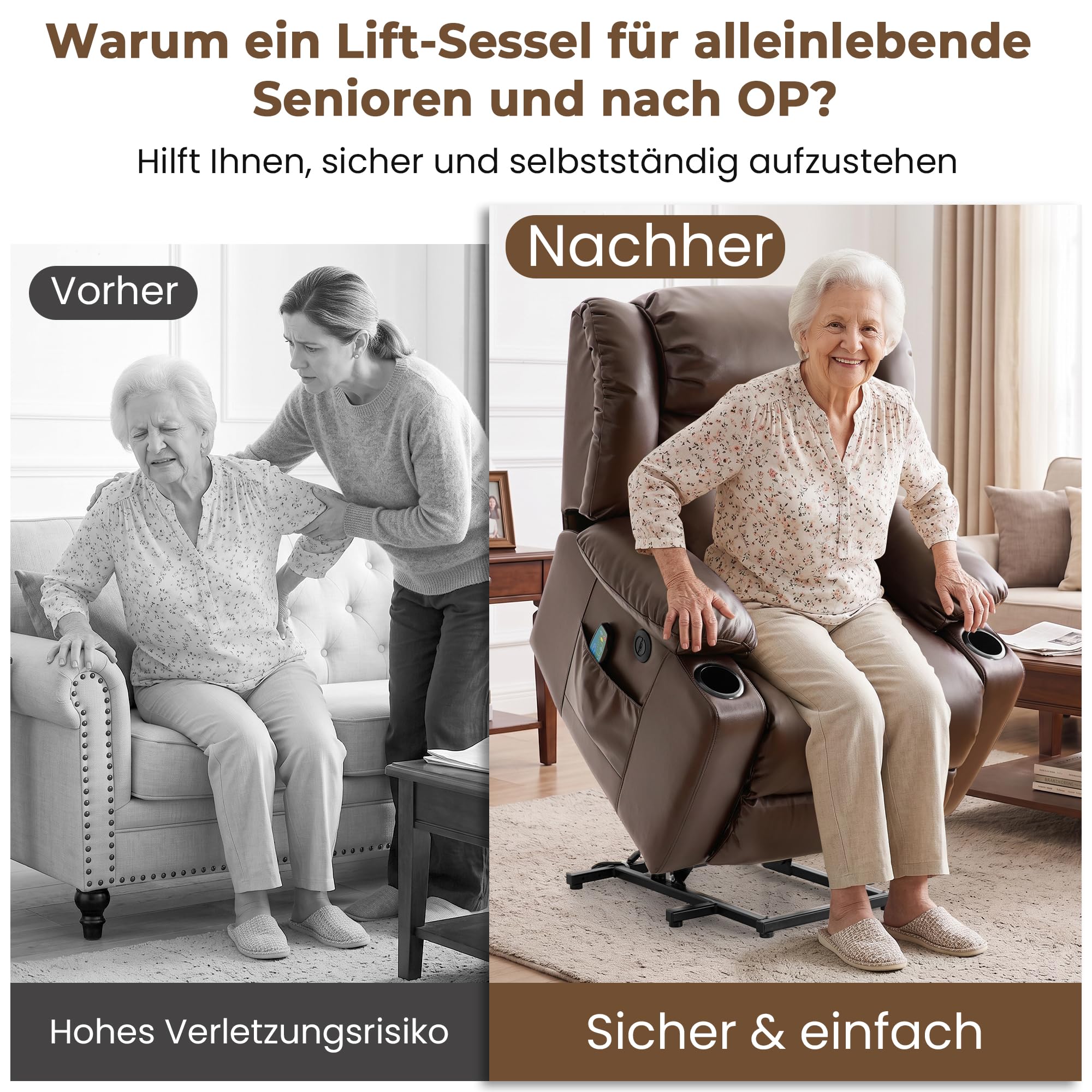 DUANDUAN Aufstehsessel mit flüsterleisem Motor, Liftsessel für Senioren | Elektrisch verstellbar, Lendenheizung, 8-Punkt-Massage, USB-Laden, wasserabweisendes Leder, einfache Montage
