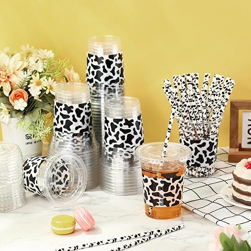 Miniatura 10 de Sliner Juego de 50 vasos de plástico desechables con tapas y pajitas de papel, vasos transparentes de 16 onzas para beber con bandera a cuadros,