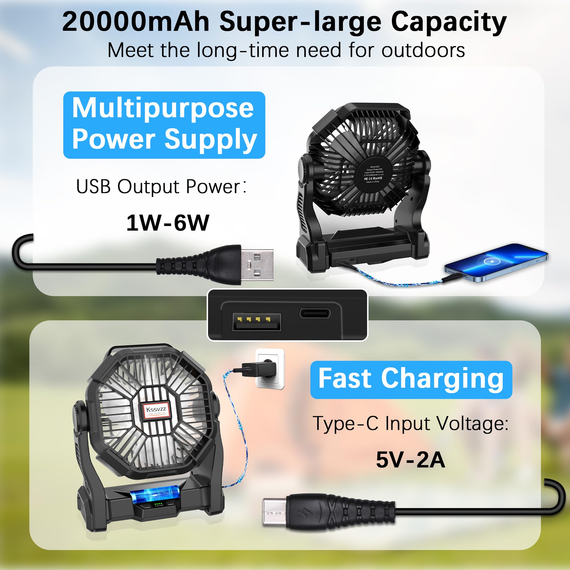 Ventilatore Portatile 5-in-1 Da Campeggio Con LED E Power Bank 12000 MAh - Ricaricabile USB, Timer E Gancio